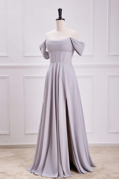 Grey Off-Shoulder A-line Chiffon Long Bridesmaid Dress with Slit