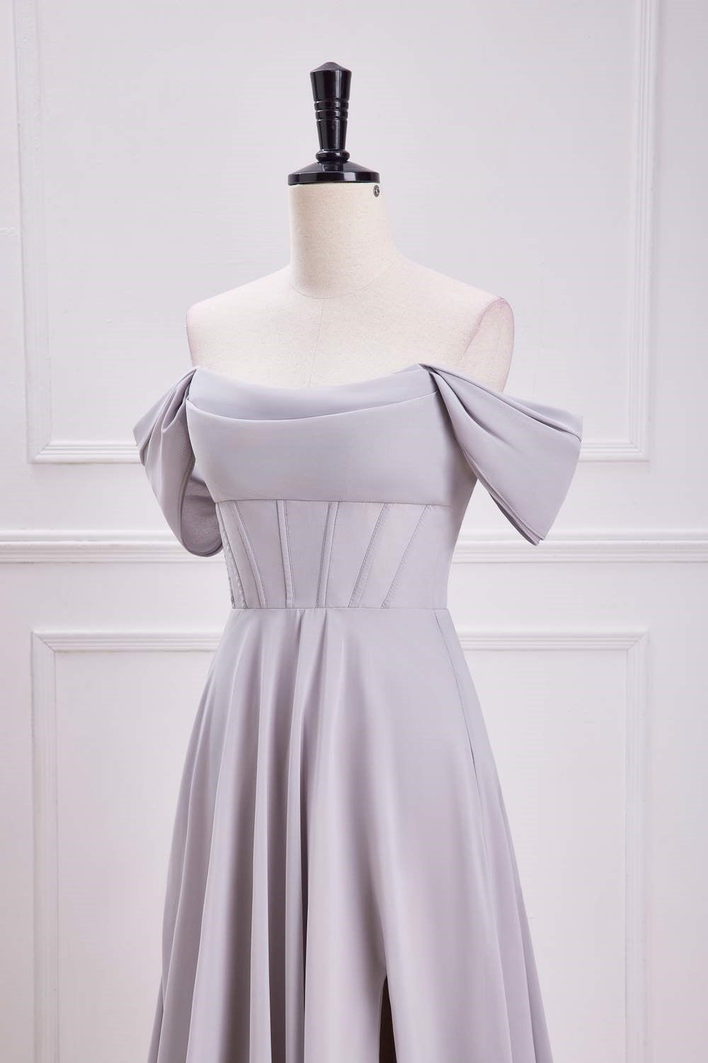 Grey Off-Shoulder A-line Chiffon Long Bridesmaid Dress with Slit