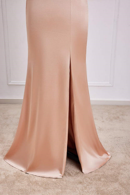 Champagne Off-Shoulder Mermaid Long Bridesmaid Dress with Slit