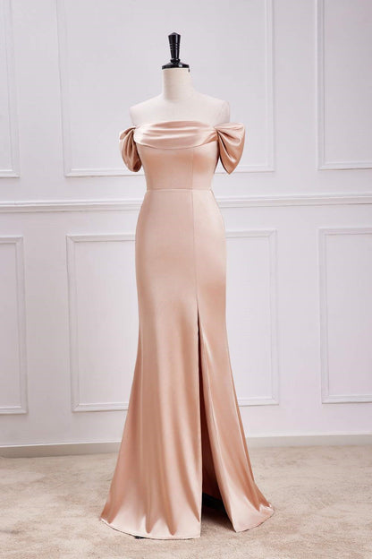 Champagne Off-Shoulder Mermaid Long Bridesmaid Dress with Slit