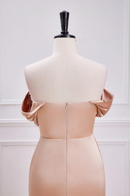 Champagne Off-Shoulder Mermaid Long Bridesmaid Dress with Slit