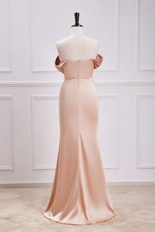 Champagne Off-Shoulder Mermaid Long Bridesmaid Dress with Slit