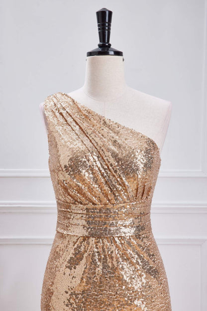 Champagne One Shoulder Sequins Mermaid Long Prom Dress