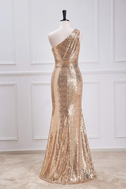 Champagne One Shoulder Sequins Mermaid Long Prom Dress