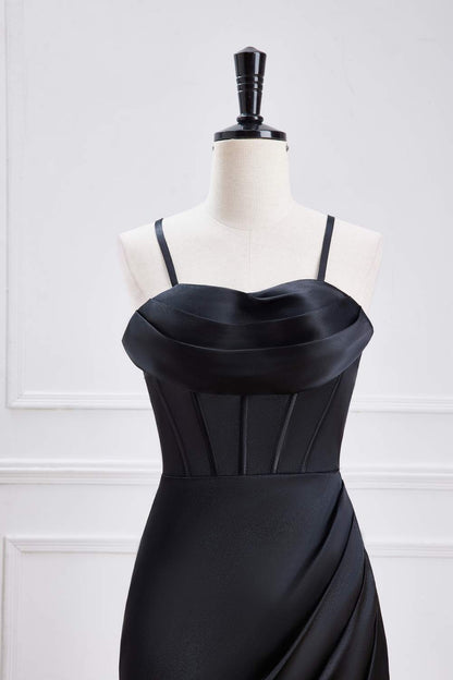 Black Spaghetti Straps Mermaid Satin Long Bridesmaid Dress with Slit