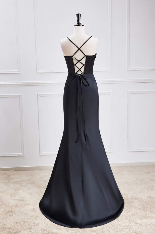 Black Spaghetti Straps Mermaid Satin Long Bridesmaid Dress with Slit