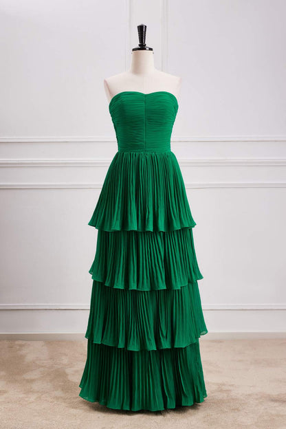 Hunter Green Strapless A-line Layers Long Prom Dress