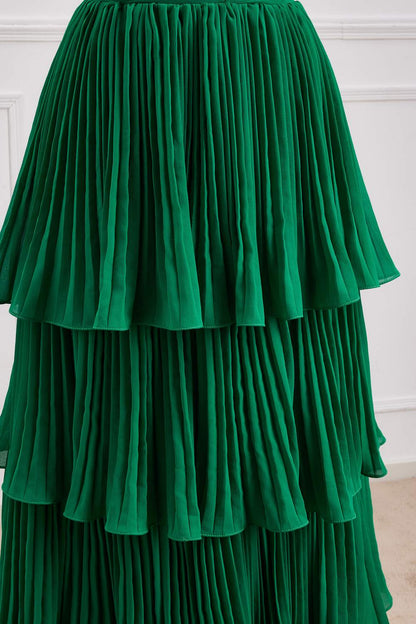 Hunter Green Strapless A-line Layers Long Prom Dress