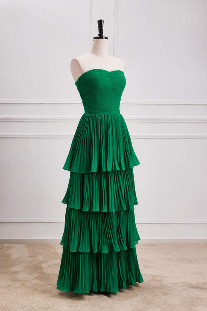 Hunter Green Strapless A-line Layers Long Prom Dress
