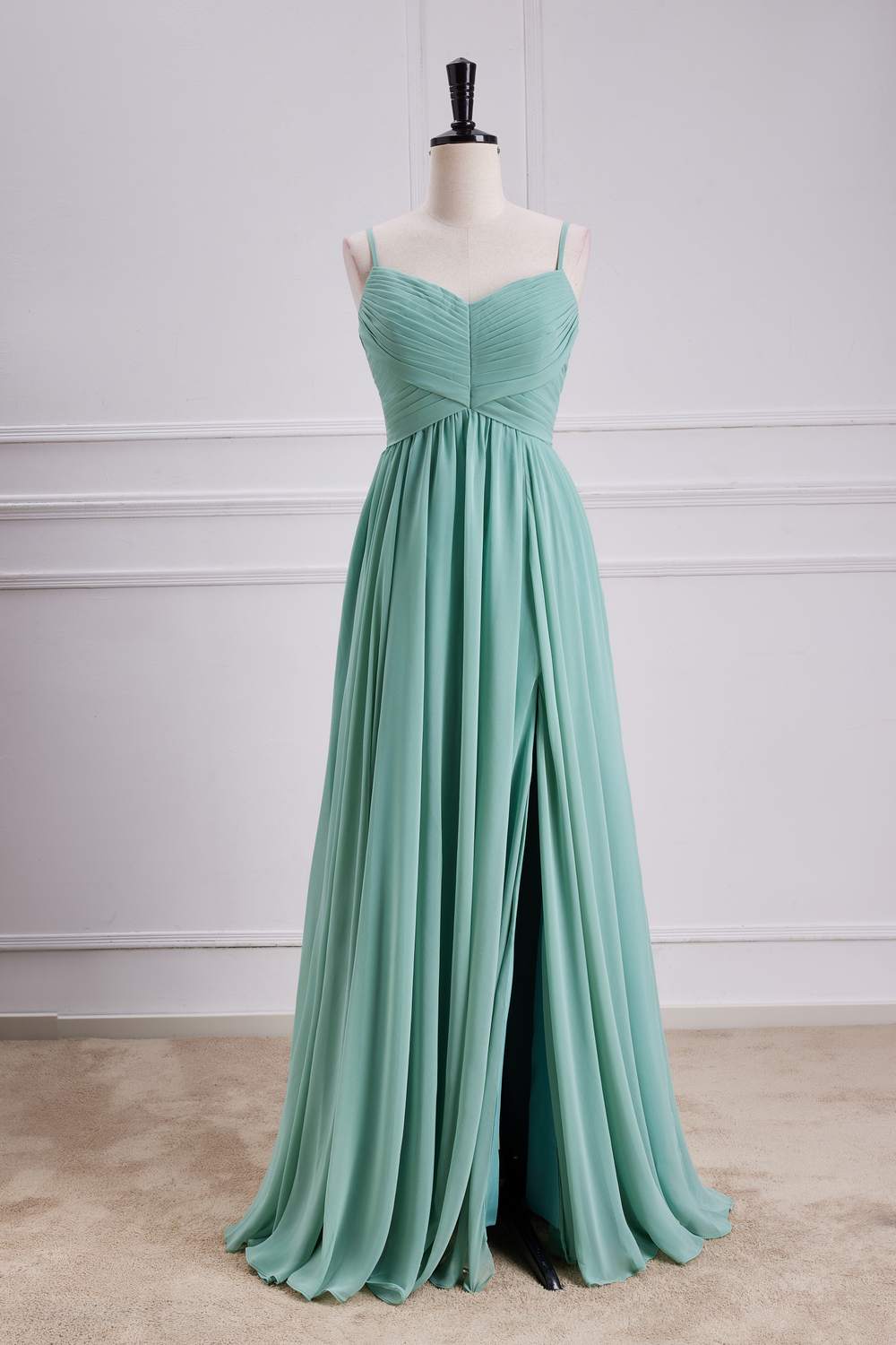Sage Green Spaghetti Straps A-line Long Bridesmaid Dress with Slit