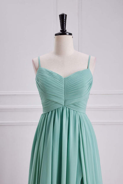 Sage Green Spaghetti Straps A-line Long Bridesmaid Dress with Slit