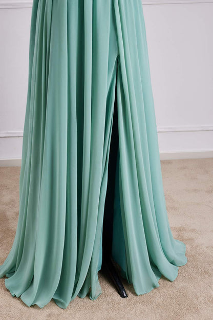 Sage Green Spaghetti Straps A-line Long Bridesmaid Dress with Slit