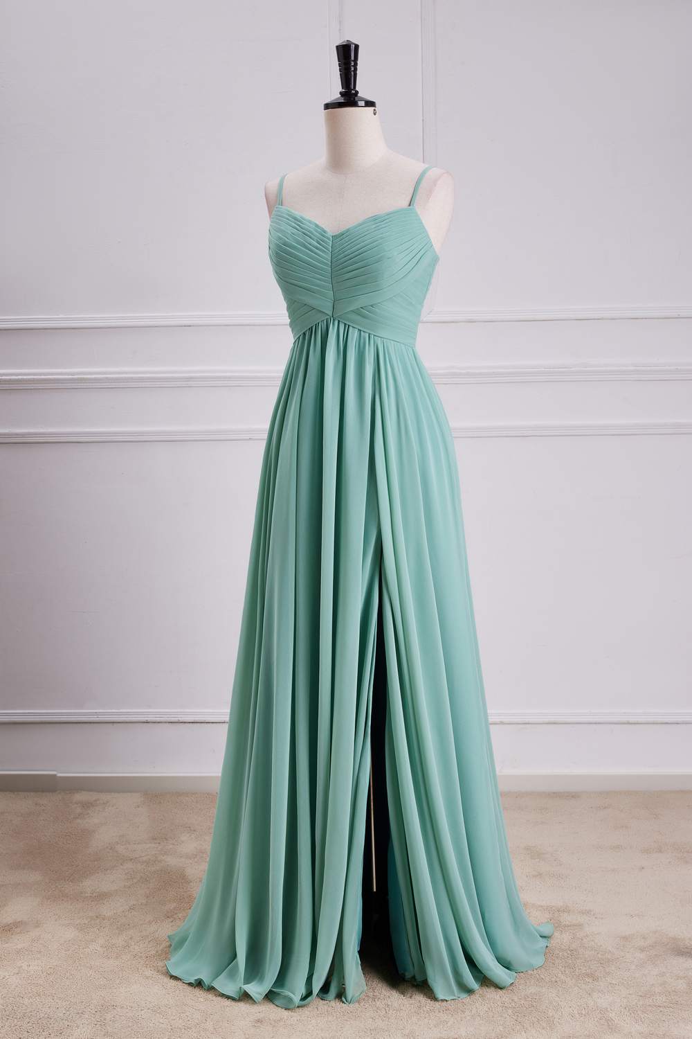 Sage Green Spaghetti Straps A-line Long Bridesmaid Dress with Slit