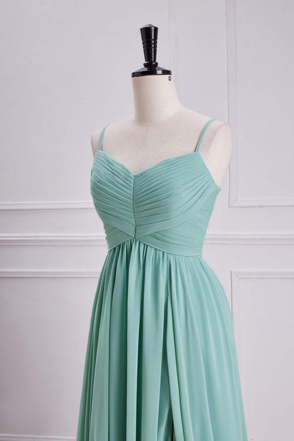 Sage Green Spaghetti Straps A-line Long Bridesmaid Dress with Slit