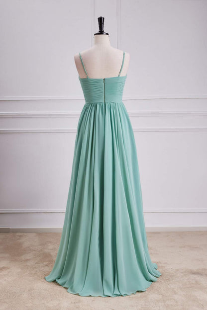 Sage Green Spaghetti Straps A-line Long Bridesmaid Dress with Slit