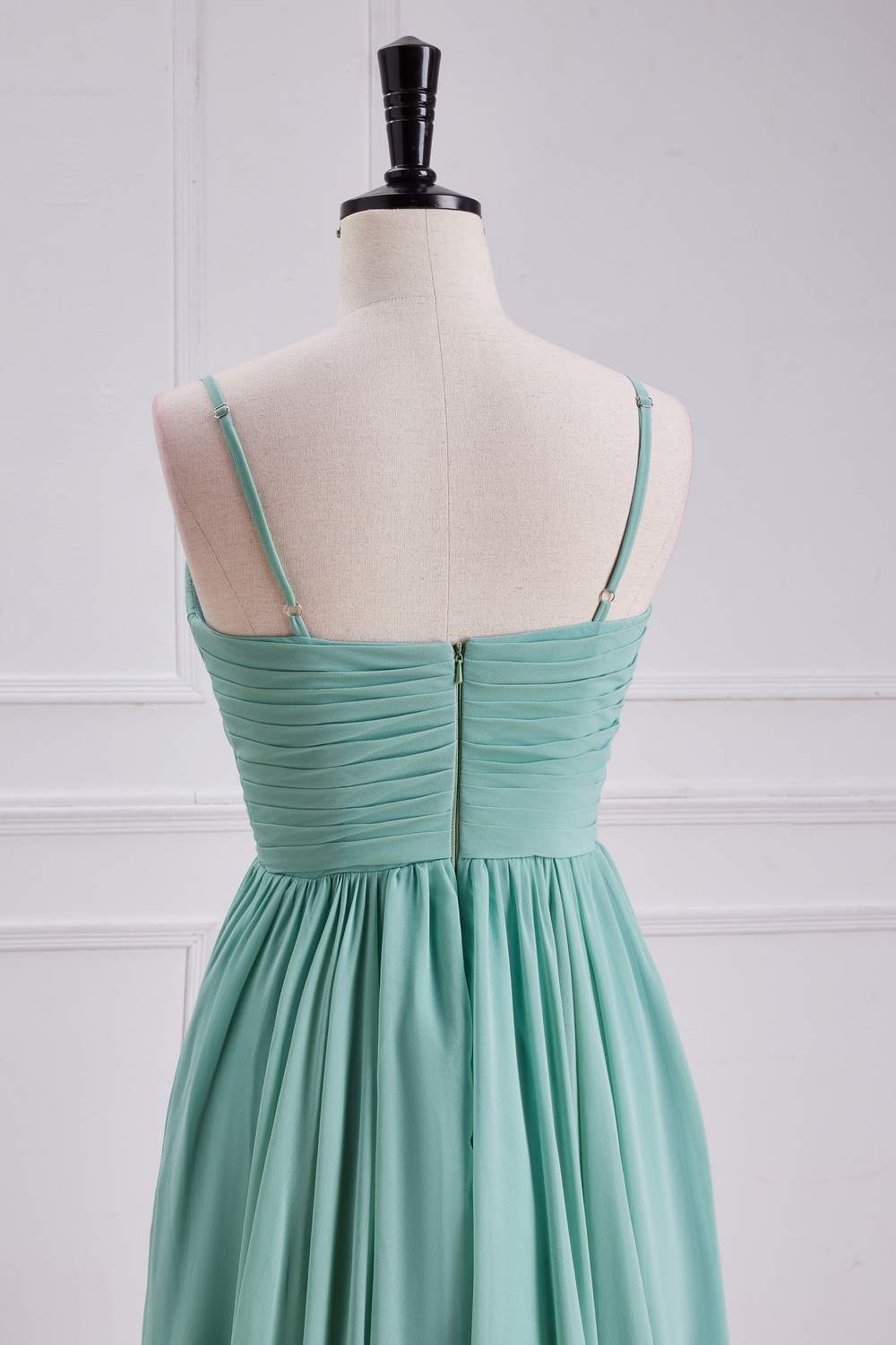 Sage Green Spaghetti Straps A-line Long Bridesmaid Dress with Slit