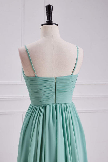Sage Green Spaghetti Straps A-line Long Bridesmaid Dress with Slit