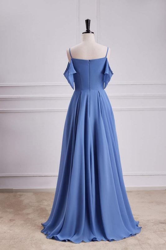 Blue Cold Shoulder A-line Long Bridesmaid Dress