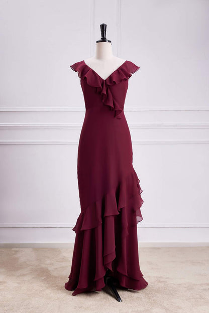 Wine Red Ruffled Mermaid Layers Long Bridesmaid Dress