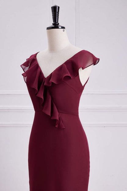 Wine Red Ruffled Mermaid Layers Long Bridesmaid Dress