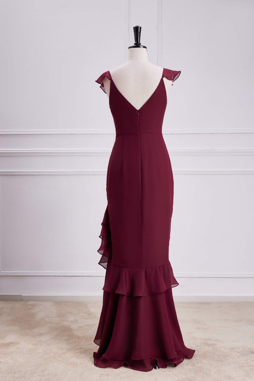 Wine Red Ruffled Mermaid Layers Long Bridesmaid Dress