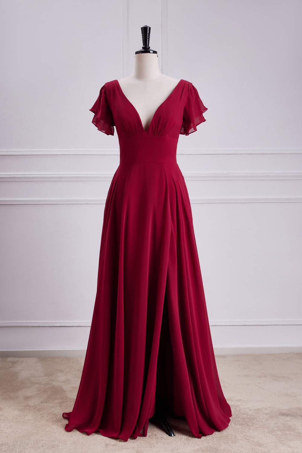 Red Flaunt Sleeves V Neck A-line Long Bridesmaid Dress with Slit