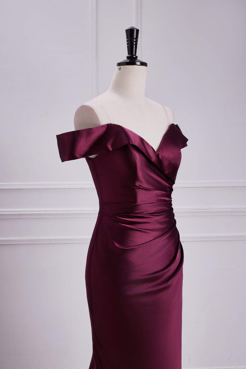 Raspberry Off-Shoulder Satin Mermaid Long Bridesmaid Dress