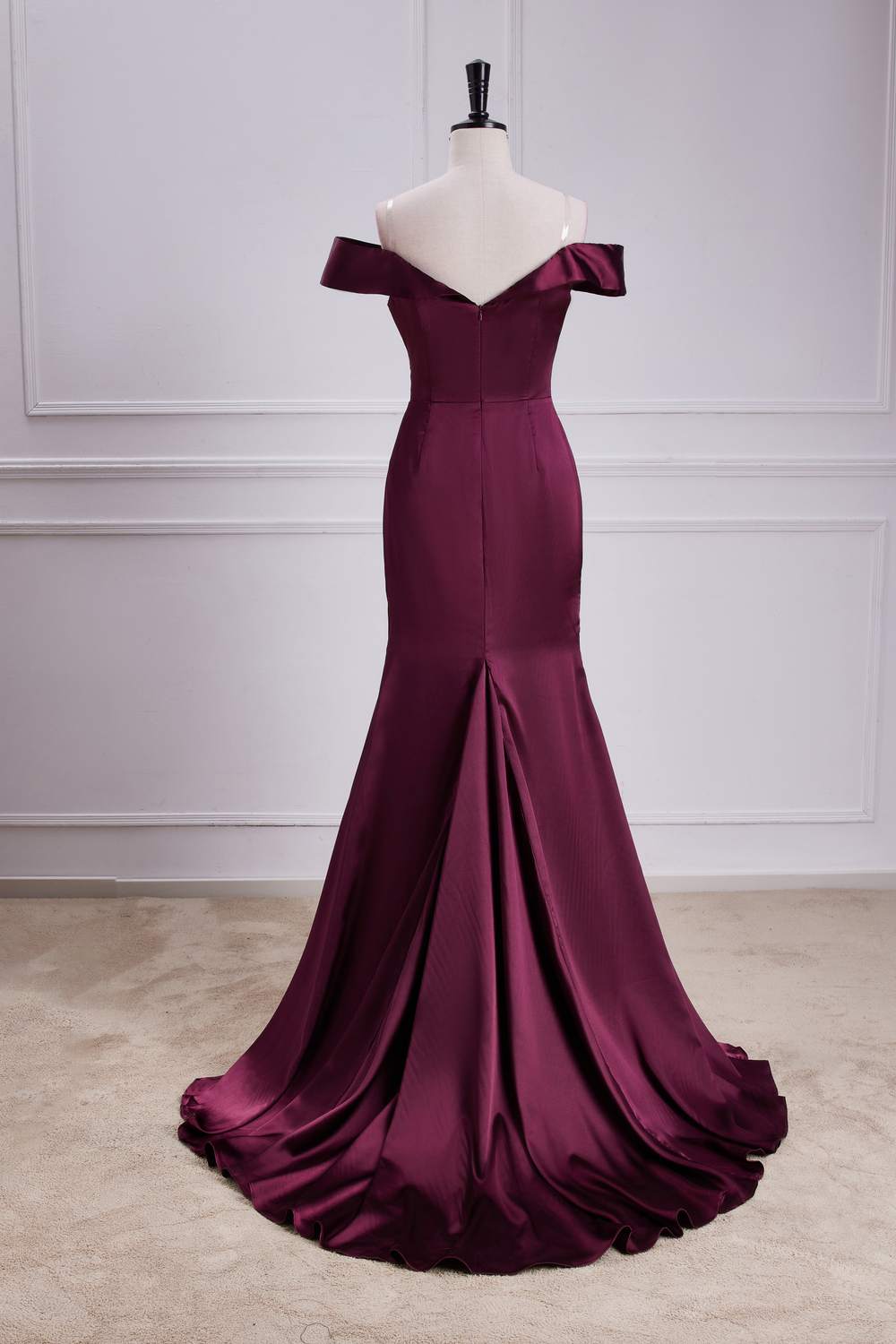 Raspberry Off-Shoulder Satin Mermaid Long Bridesmaid Dress