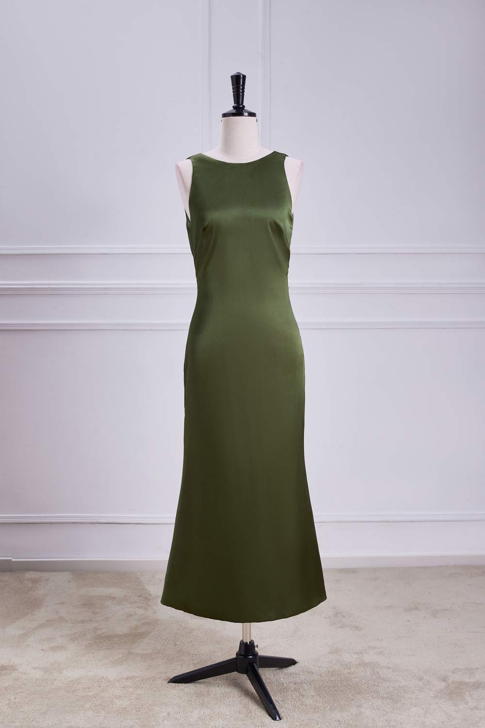 Olive Sleeveless Mermaid Satin Bow Tie Calf-Length Bridesmaid Dress