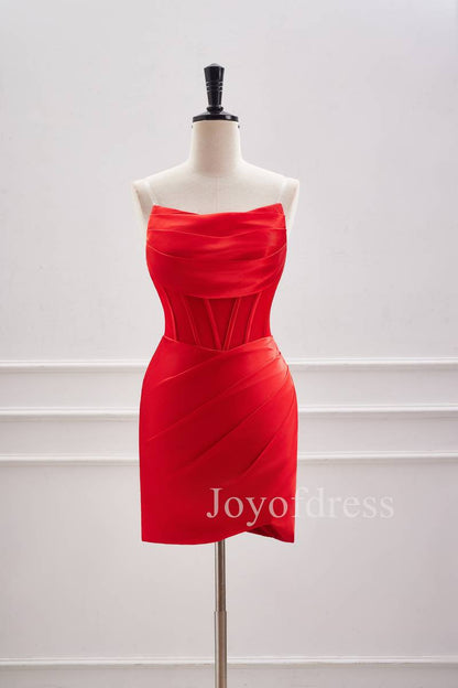 Strapless Red Lace-Up Ruched Mini Dress