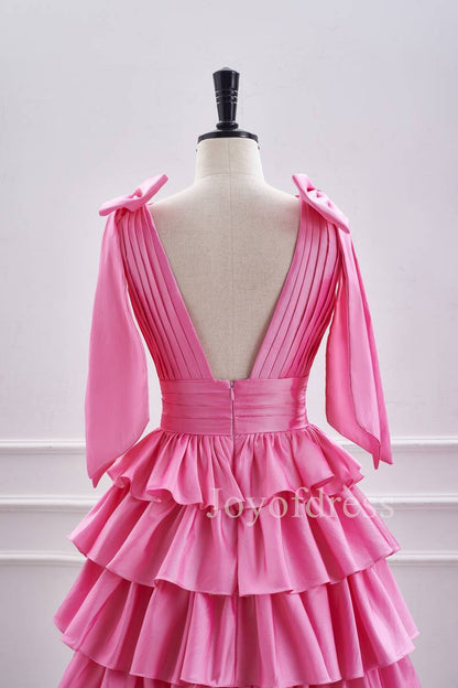 Hot Pink Plunging Neck Pleated Layered Short Homecoming Dress