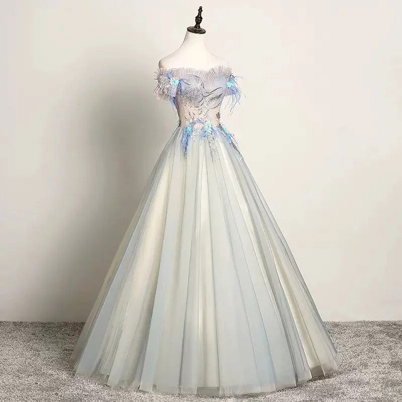 Girlhomeshops-Light colored floral beaded long tulle and formal ball gown with lace up gh5314