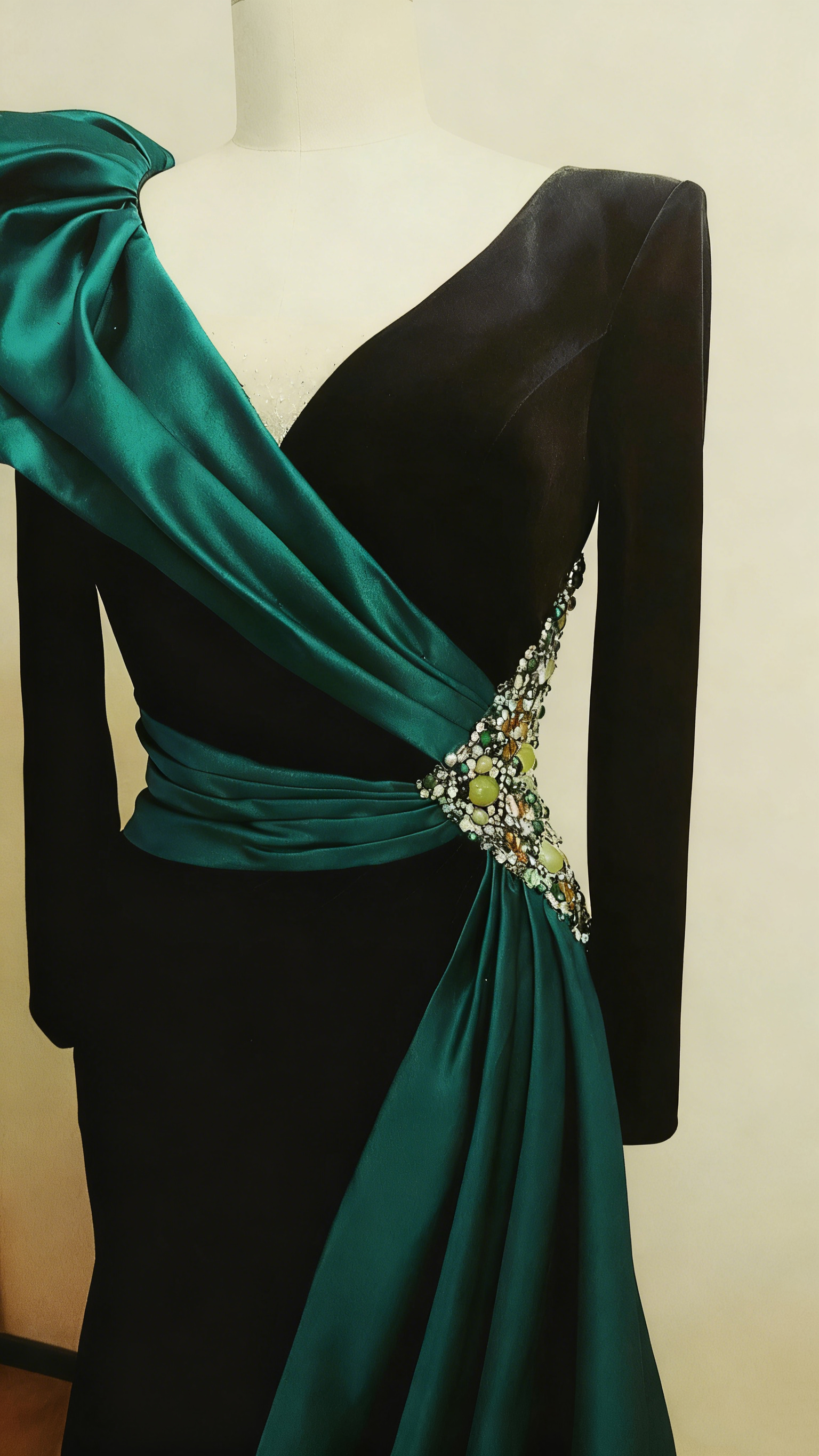 Emerald Satin & Black Velvet Long-Sleeve Beaded Formal Evening Gown gh6391