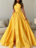 Simple yellow one shoulder satin long prom dress, yellow formal dress TP38