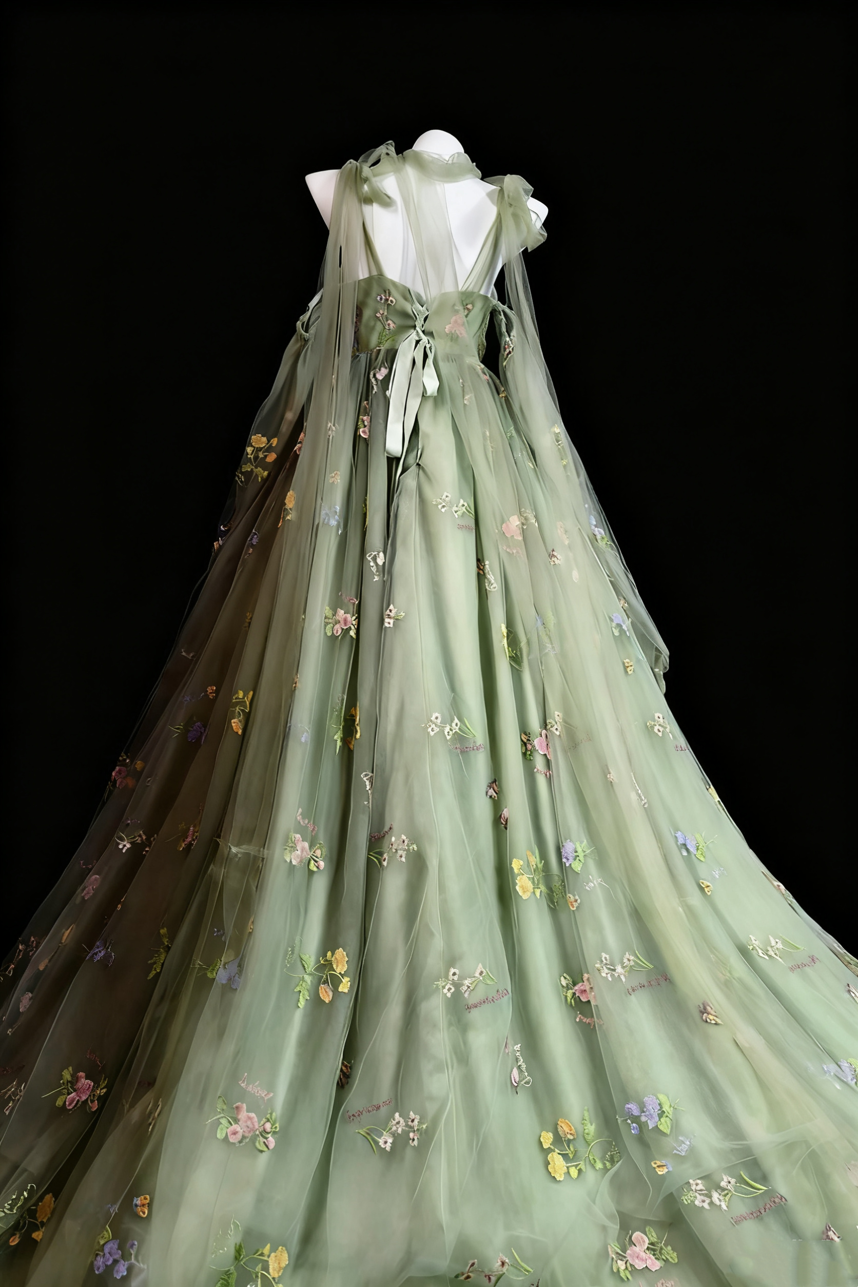 girlhomeshops-Green Delicate Floral Tulle Ball Gown gh6285