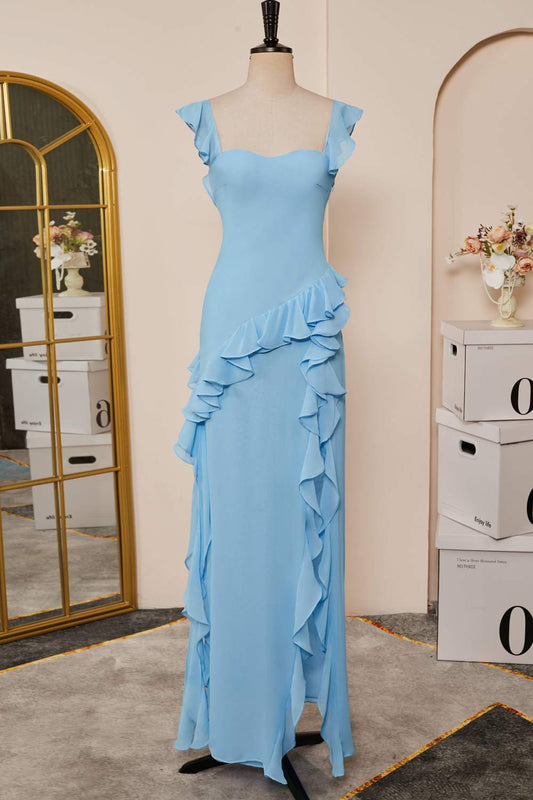Light Blue Flutter Sleeves Ruffled Mermaid Long Bridesmaid Dress with Slit