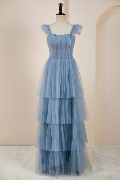 Dusty Blue Flutter Sleeves A-line Multi-Layers Long Bridesmaid Dress with Slit