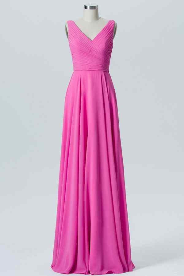 Fuchsia A-line V Neck Chiffon Pleated Sash Long Bridesmaid Dress