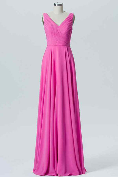 Fuchsia A-line V Neck Chiffon Pleated Sash Long Bridesmaid Dress