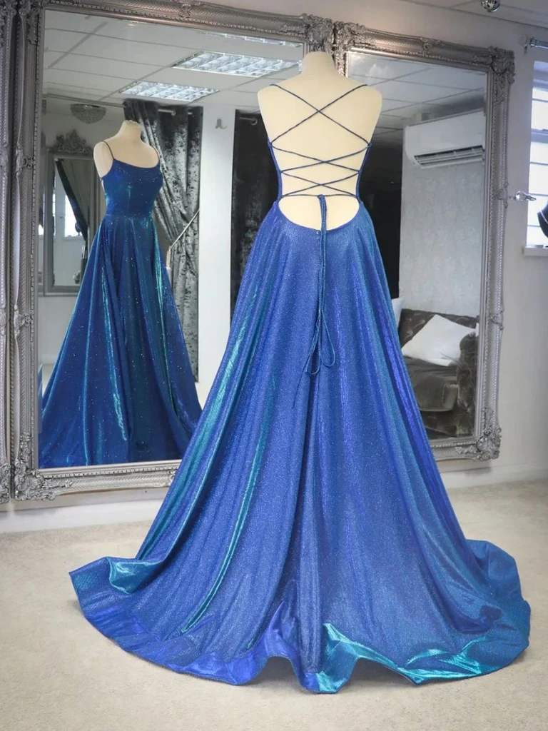 Sparkling Royal Blue Sequin A-line Prom Dress V-neckline Lace-up Straps