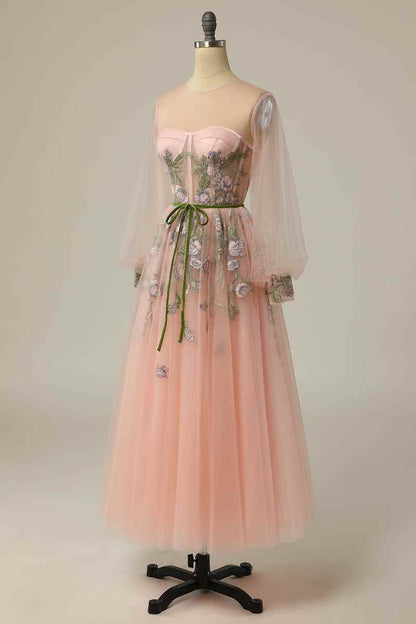 Round Long Sleeves Tulle A-Line Appliques Party Prom Dress