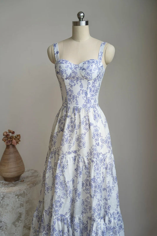 girlhomeshops- Vintage Blue-White Floral Square Neck Spaghetti Strap Long Style Evening Gown gh6036