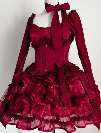 Girlhomeshops-RRed Princess Long Sleeve Lace Fashion Short Tulle Homecoming Dress Birthday Party Dress gh5416
