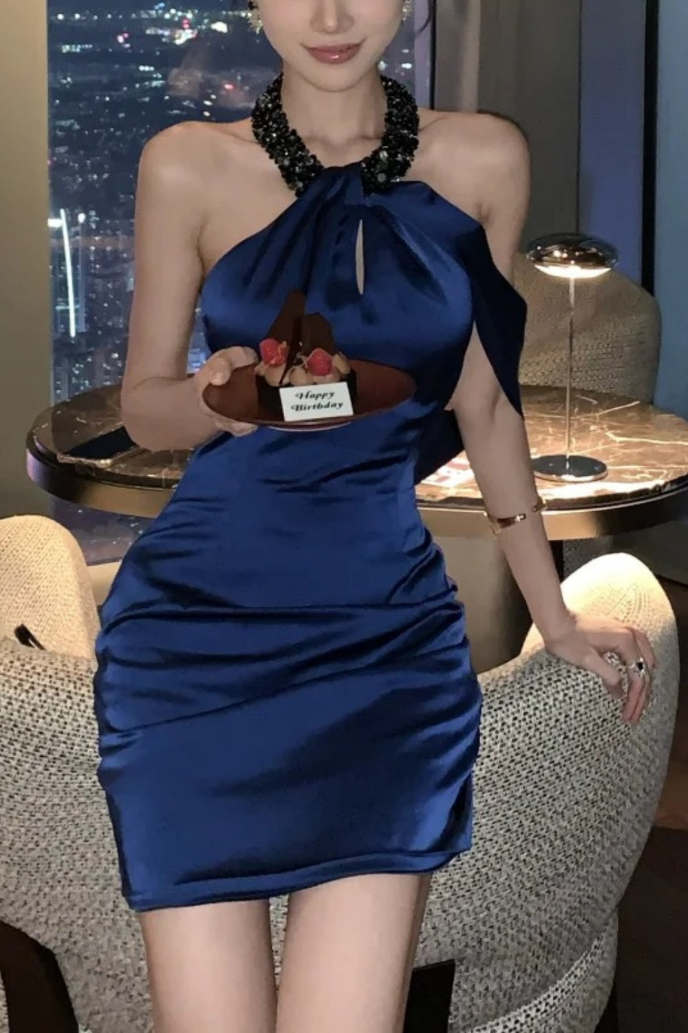 Navy blue fashionable short fashion party dress satin gh6639