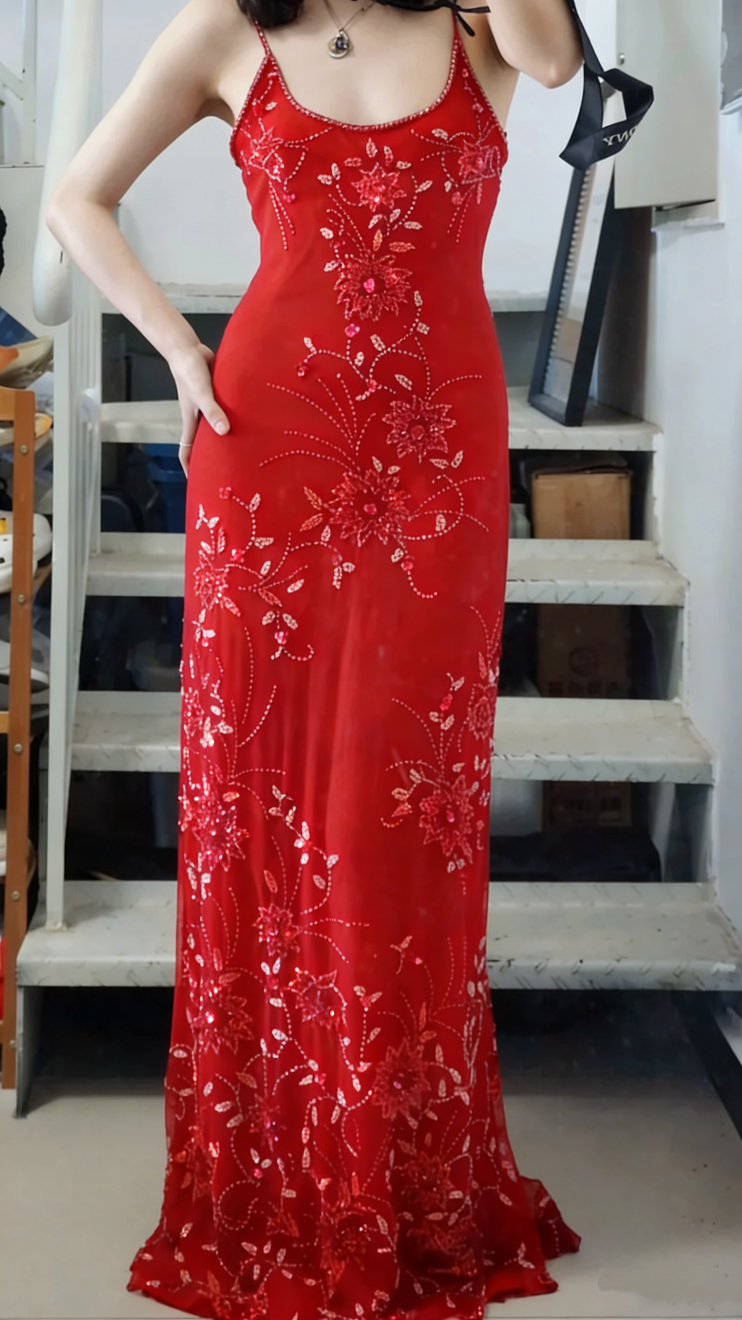 Elegant Purple U-neck Chiffon Beaded Spaghetti Strap Prom Dress P3493