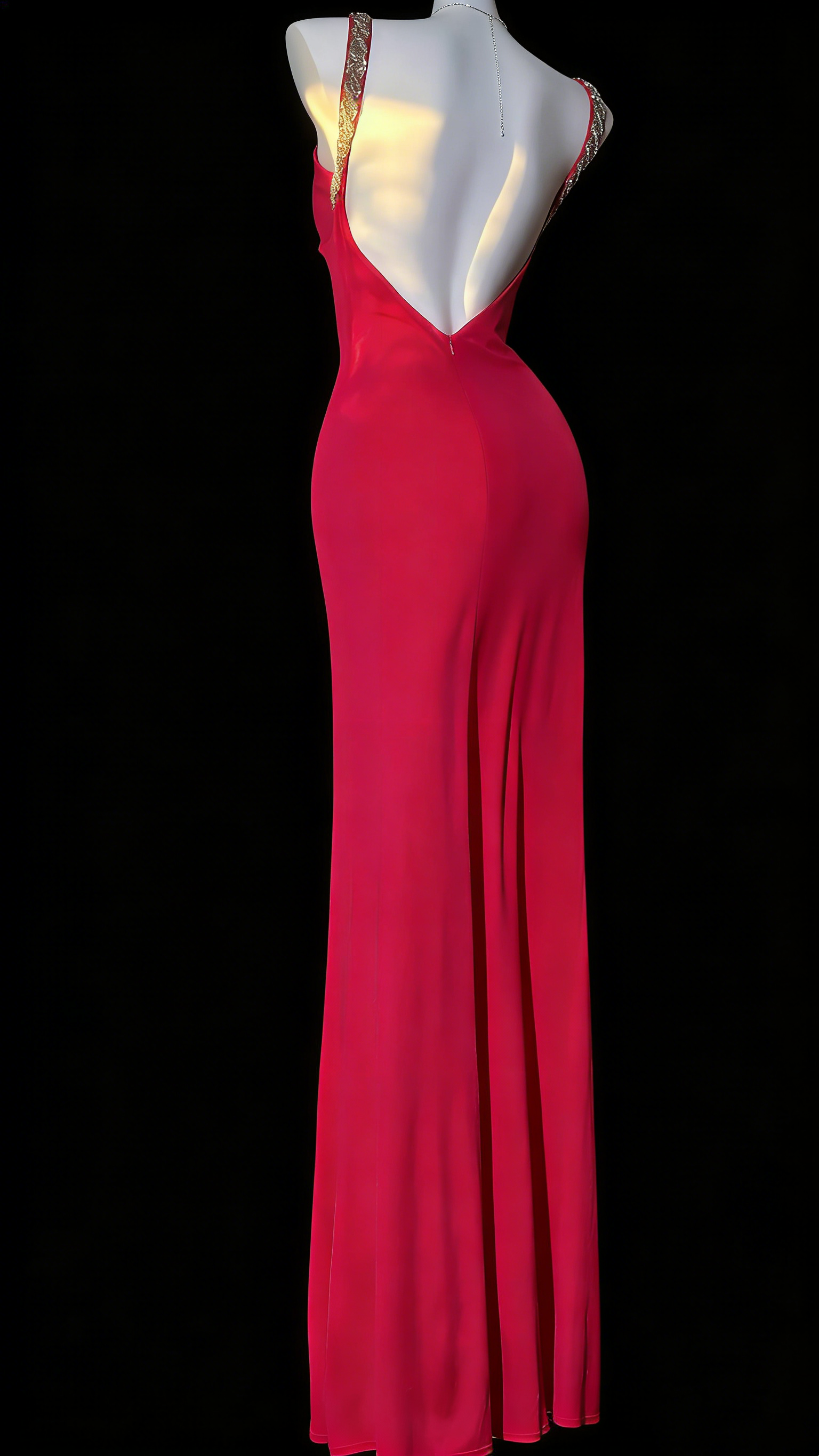 Satin Spaghetti Strap Gown - Sequin Trim Backless Mermaid Evening/Red Carpet/Date Maxi Dress gh6985