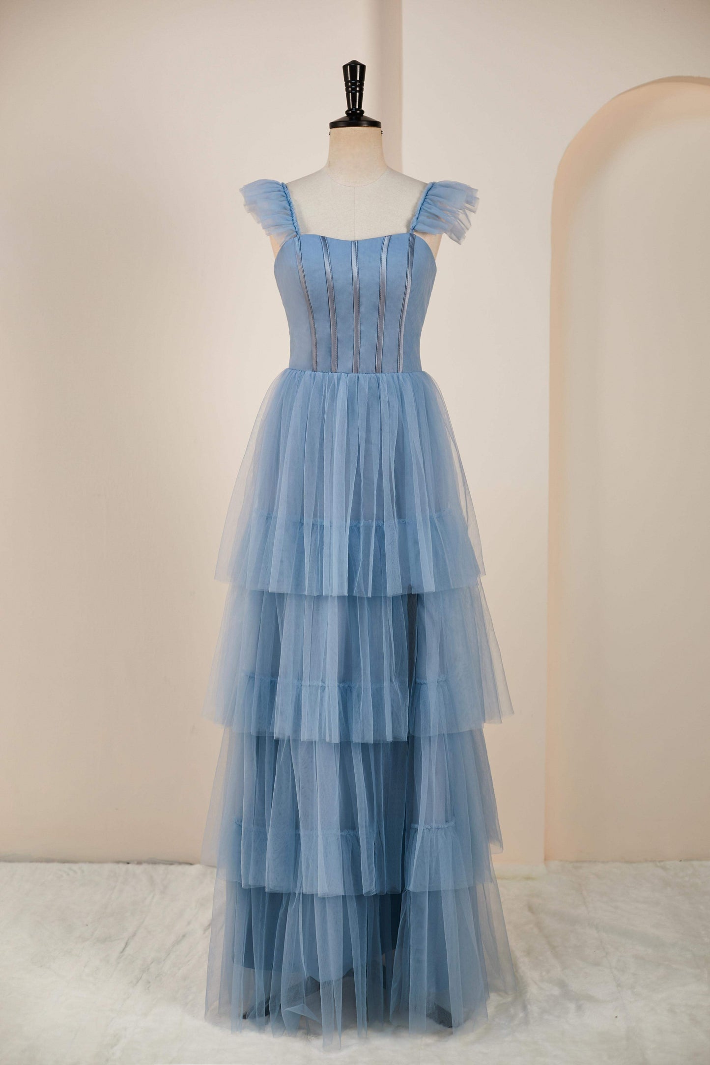 Dusty Blue Flutter Sleeves A-line Multi-Layers Long Bridesmaid Dress with Slit