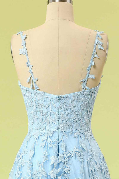 Spaghetti Straps V-Neck Lace Appliques Prom Party Dress