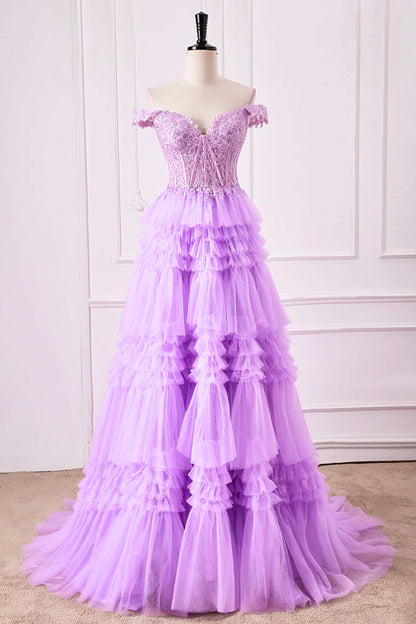 Lavender Off-Shoulder Floral Layers A-line Long Prom Dress