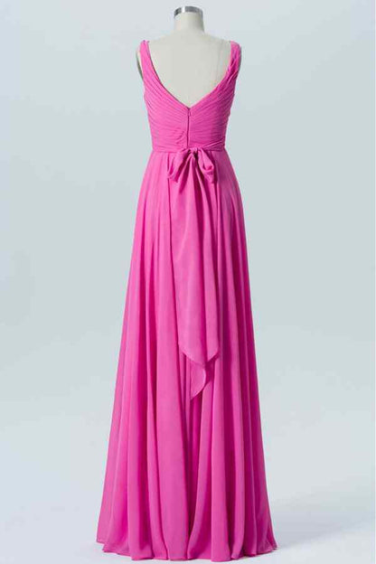 Fuchsia A-line V Neck Chiffon Pleated Sash Long Bridesmaid Dress